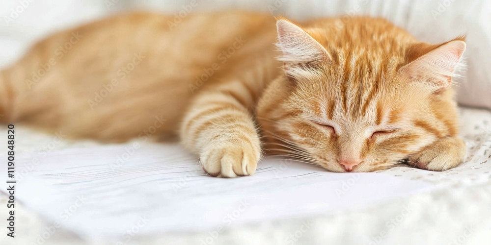 Fototapeta premium A peaceful orange cat sleeping on a soft surface with a document underneath.
