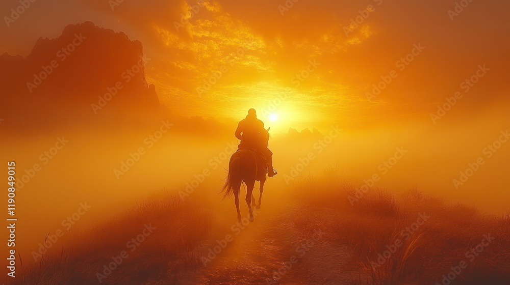 Silhouette of a lone horseman riding into a fiery sunset across a misty plain. Silhouette of a lone horseman riding into a fiery sunset across a misty plain.