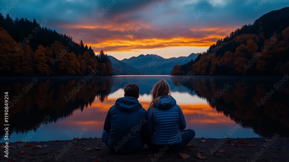 A couple's reflection in a calm lake as they sit together on the shore A couple's reflection in a calm lake as they sit together on the shore