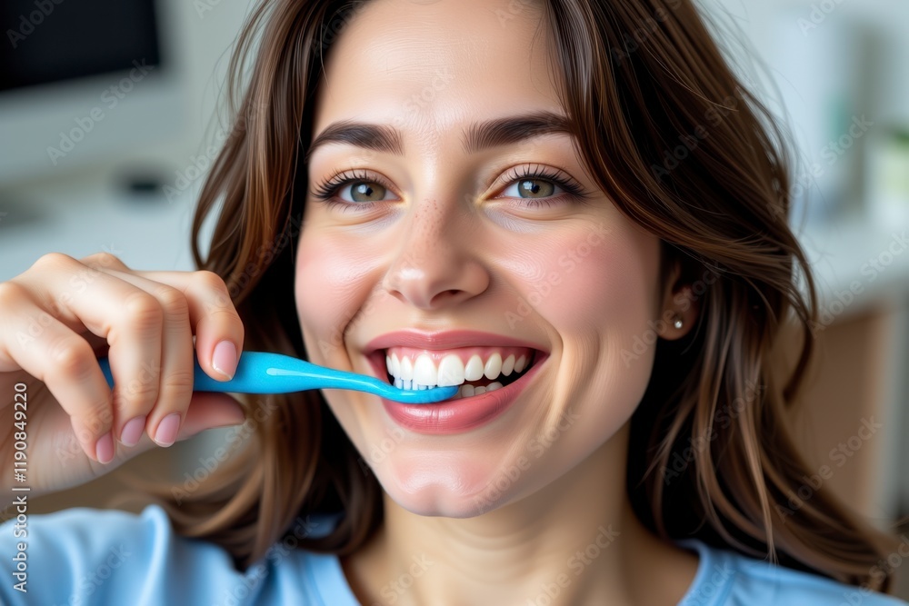 Young Woman with Beautiful Smile Brushing Teeth with Blue Toothbrush Young Woman with Beautiful Smile Brushing Teeth with Blue Toothbrush
