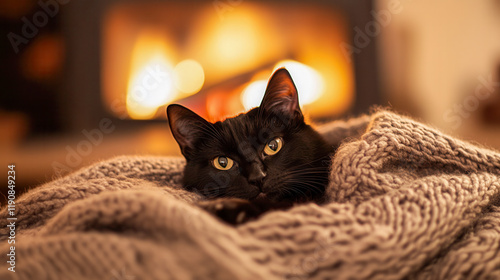 Black cat relaxing on a knitted blanket in front of a warm fireplace creating a cozy atmosphere in a home setting during winter photo