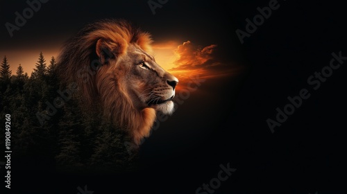 A lion's side profile, set against a backdrop of trees and a sunset sky. The image has a black background, with a photorealistic, hyper realistic, and cinematic lighting style. photo