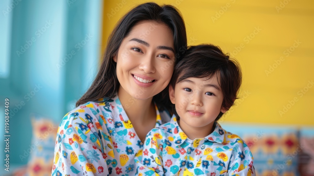 A joyful woman and child smile brightly, dressed in matching colorful outfits against a vibrant yellow background. A joyful woman and child smile brightly, dressed in matching colorful outfits against a vibrant yellow background.