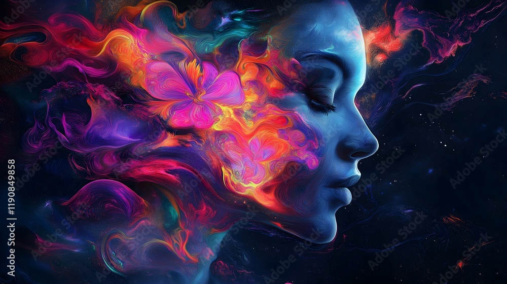 Inner Serenity: A captivating artistic rendering of a woman's face merges with vibrant, colorful energy, symbolizing inner peace, imagination and emotional depth. Inner Serenity: A captivating artistic rendering of a woman's face merges with vibrant, colorful energy, symbolizing inner peace, imagination and emotional depth.