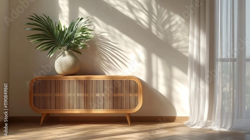 Modern Wooden Cabinet with Tropical Decor in Sunlit Room. Generative AI photo