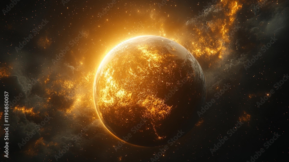 Obraz premium Golden planet surrounded by cosmic stars. Generative AI