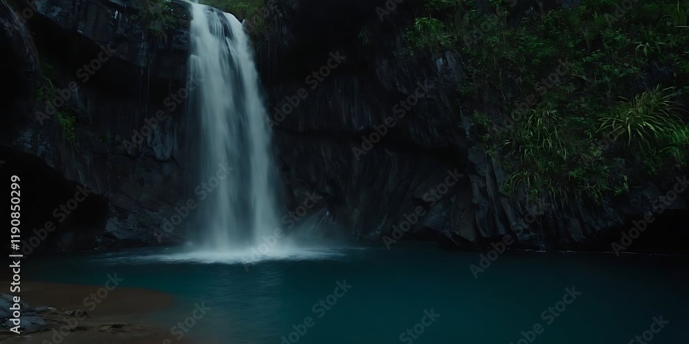 Fototapeta premium View of a towering waterfall cascading into a luminous, bioluminescent lake