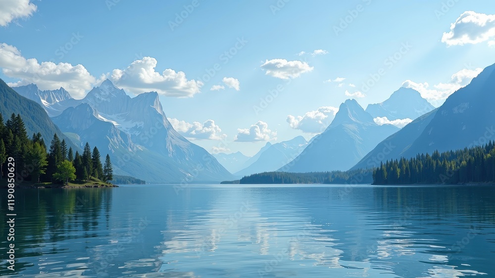 Naklejka premium A serene expanse of deep-blue waters stretches before you, reflecting the vibrant sky and majestic mountains. A quaint island nestles in the lake's embrace to the left, inviting wonder and tranquility