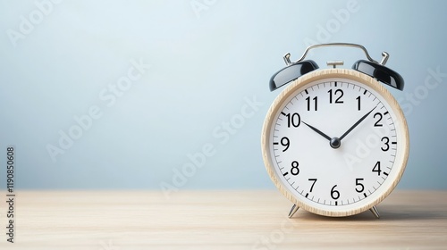 Wallpaper Mural A classic alarm clock on a wooden surface against a light blue background. Torontodigital.ca