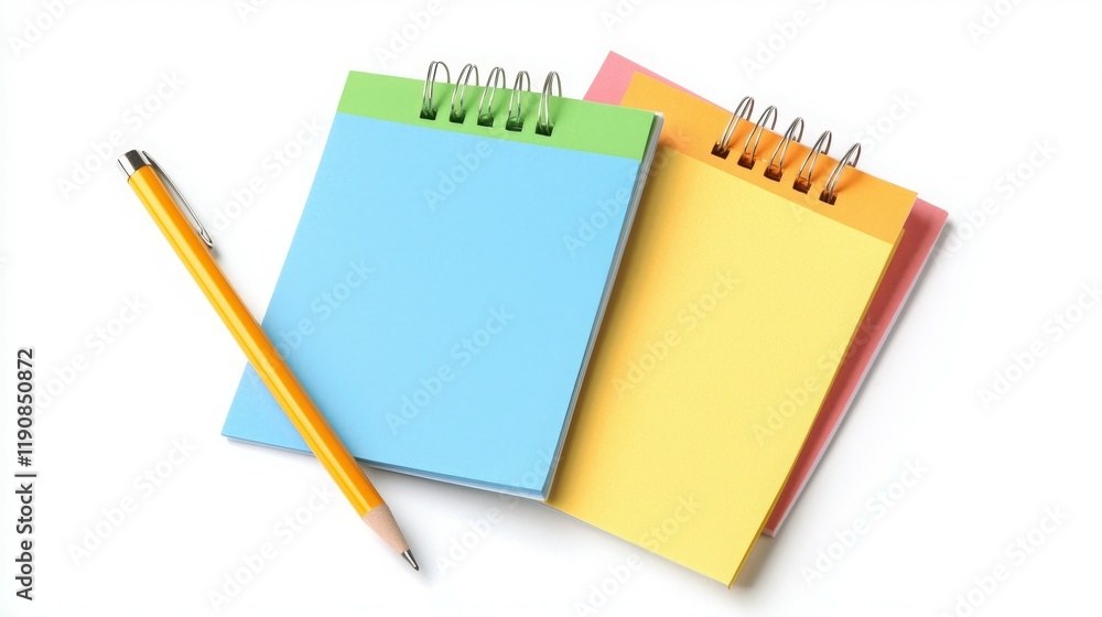 A colorful arrangement of notepads and a pencil, ideal for note-taking or brainstorming. A colorful arrangement of notepads and a pencil, ideal for note-taking or brainstorming.