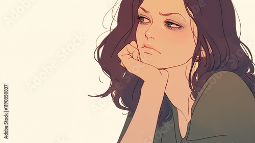 Portrait of a young woman with long, wavy, dark hair, resting her chin on her hand and looking to the side with a thoughtful expression, digital illustration. photo