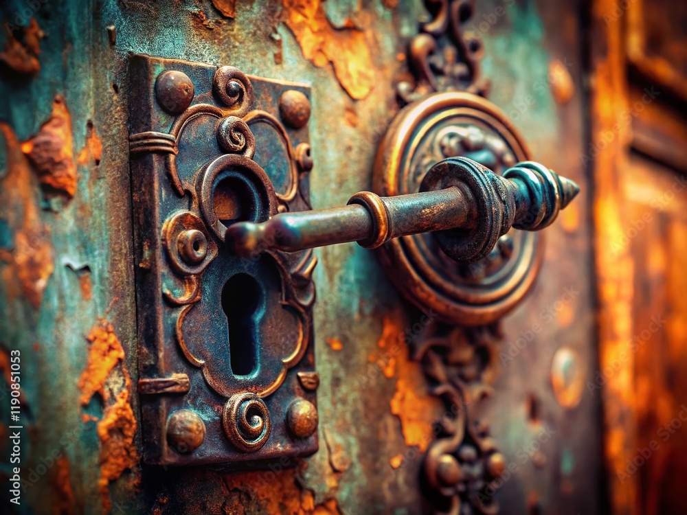 Macro Photo of Ancient Key in Rusty Keyhole - Shallow Depth of Field Macro Photo of Ancient Key in Rusty Keyhole - Shallow Depth of Field