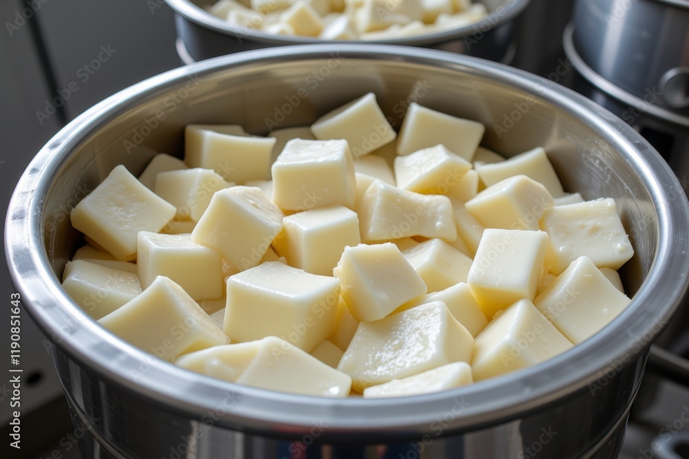 Fresh Dairy Cubes in Stainless Steel Bowl Cheese Production Food Industry Fresh Dairy Cubes in Stainless Steel Bowl Cheese Production Food Industry