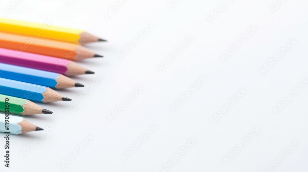 A row of colorful pencils arranged neatly on a white background. A row of colorful pencils arranged neatly on a white background.