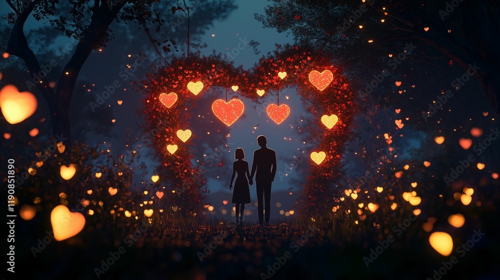 Fototapeta premium A romantic garden arch made of glowing heart-shaped flowers, with a couple standing beneath it holding hands, surrounded by 2D animated fireflies