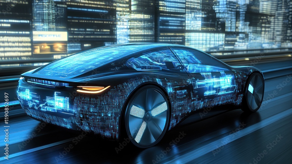 Obraz premium Futuristic Electric Car on a High-Tech City Road at Night