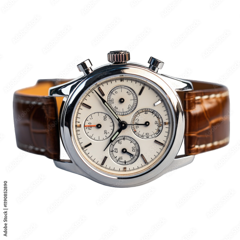 Elegant chronograph watch with silver case and brown leather strap isolated on transparent background png Elegant chronograph watch with silver case and brown leather strap isolated on transparent background png