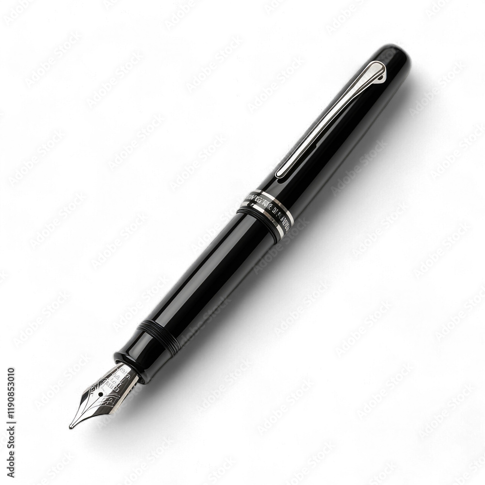 Elegant black fountain pen with silver accents and detailed nib design isolated on transparent background png Elegant black fountain pen with silver accents and detailed nib design isolated on transparent background png