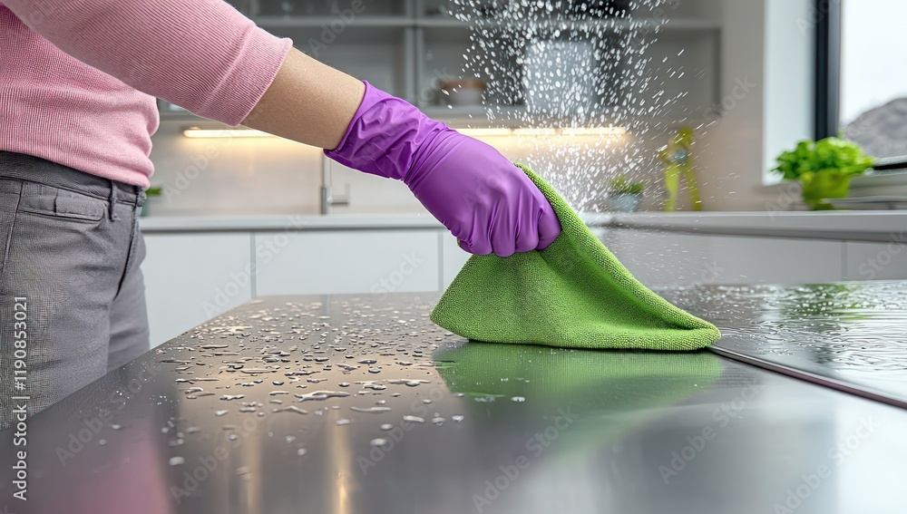 A purple-gloved hand wiping a metallic silver countertop with a green microfiber cloth