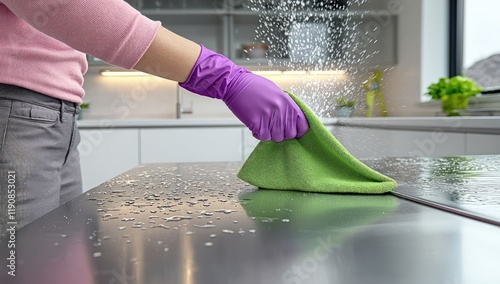 Obraz na płótnie A purple-gloved hand wiping a metallic silver countertop with a green microfiber cloth w salonie