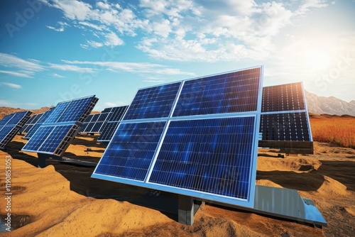 Solar Panels in Desert Landscape Harnessing Renewable Energy for Sustainable Future. photo