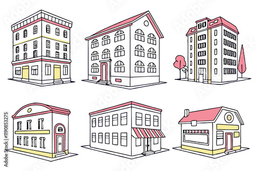 Building icons, simple architectural illustrations, minimalist design, flat color palette, various building types, houses, stores, apartments, offices, schools, banks, factories, urban structures, div