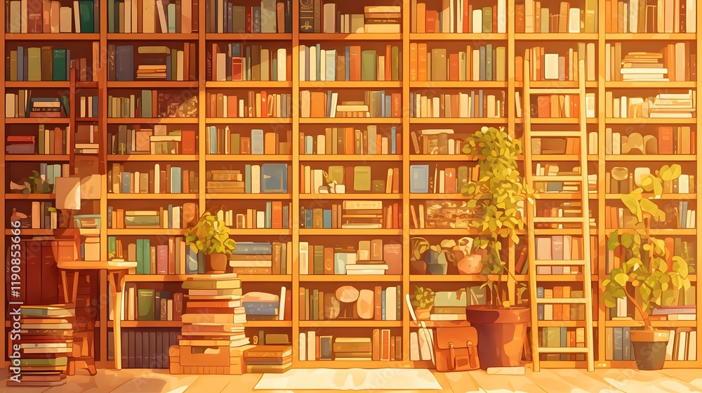 A collection of wooden bookshelves filled with numerous books, emphasizing storage and organization. A collection of wooden bookshelves filled with numerous books, emphasizing storage and organization.