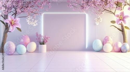 Easter's Day Eggs Easter Lily Neon Spring-themed pastel backdrop with flowers and eggs.