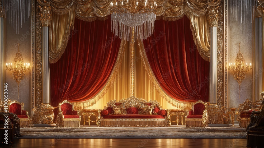 Fototapeta premium A regal velvet curtain with gold fringe, hanging elegantly in a grand royal room with gilded furnishings and soft lighting