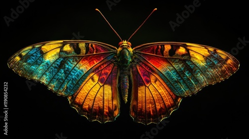 A vibrant butterfly with intricately detailed wings featuring a spectrum of colors including re photo