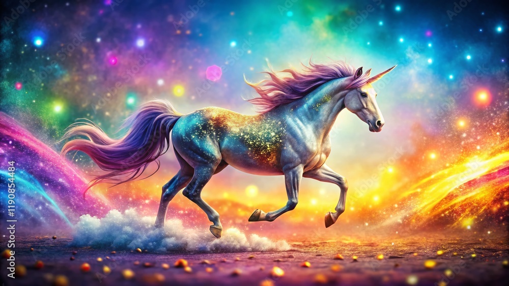 Magical Glitter Unicorn Galloping Rainbow Landscape - Fantasy Stock Photo Magical Glitter Unicorn Galloping Rainbow Landscape - Fantasy Stock Photo