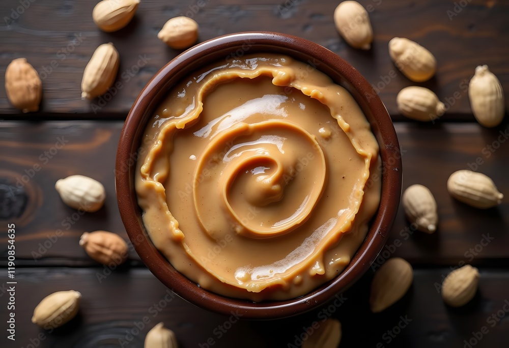 Yummy peanut butter in glass bowl on wooden table, flat lay
Yummy peanut butter in glass bowl on wooden table, flat lay