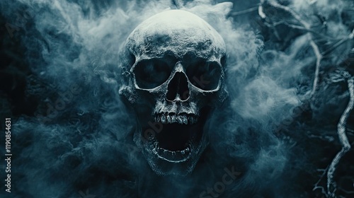A ghostly, skeletal face with hollow eyes and an open mouth emits a haunting aura,