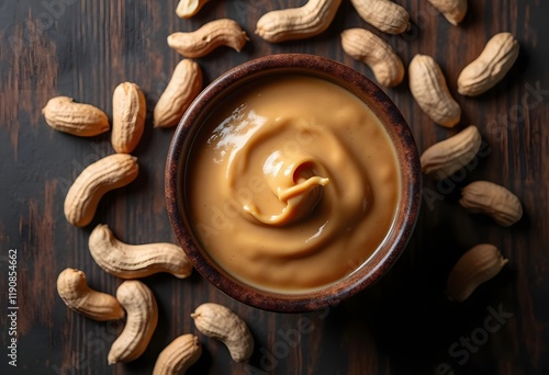 Yummy peanut butter in glass bowl on wooden table, flat lay
