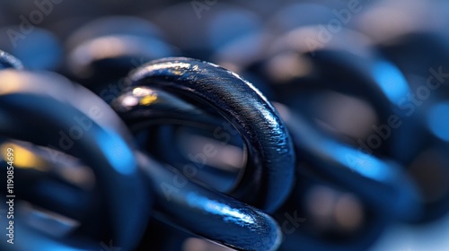 Abstract Close-Up of Interlocking Metal Chain Links, Deep Blue Hues,  Industrial Strength and Connection