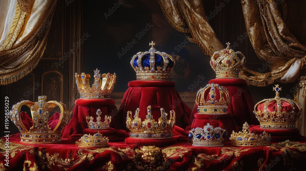 Obraz premium A set of royal crowns displayed on a plush velvet surface, surrounded by rich golden detailing and opulent royal decor
