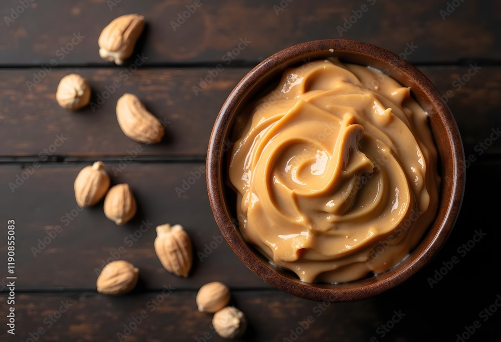 Yummy peanut butter in glass bowl on wooden table, flat lay
Yummy peanut butter in glass bowl on wooden table, flat lay