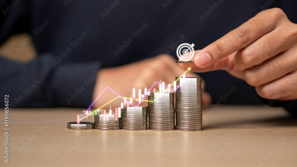 Businessman increasing graph with money coins stacking , Business investment profit and deposit dividend saving growth in 2025 concept