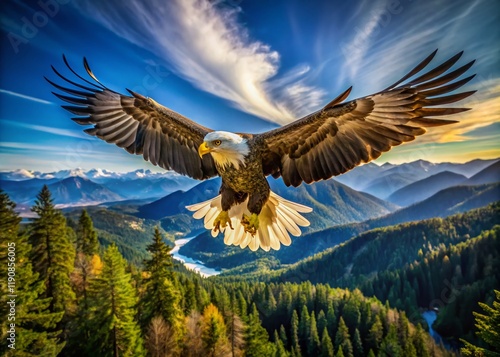 Majestic American Bald Eagle Soaring Above Wilderness Landscape - Drone Photography