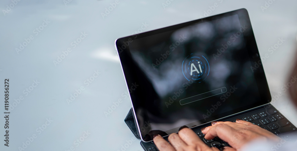 Artificial Intelligence. woman using technology smart robot AI, artificial intelligence in work to help maximize efficiency, business uses AI technology to help analyze big data and use it in human