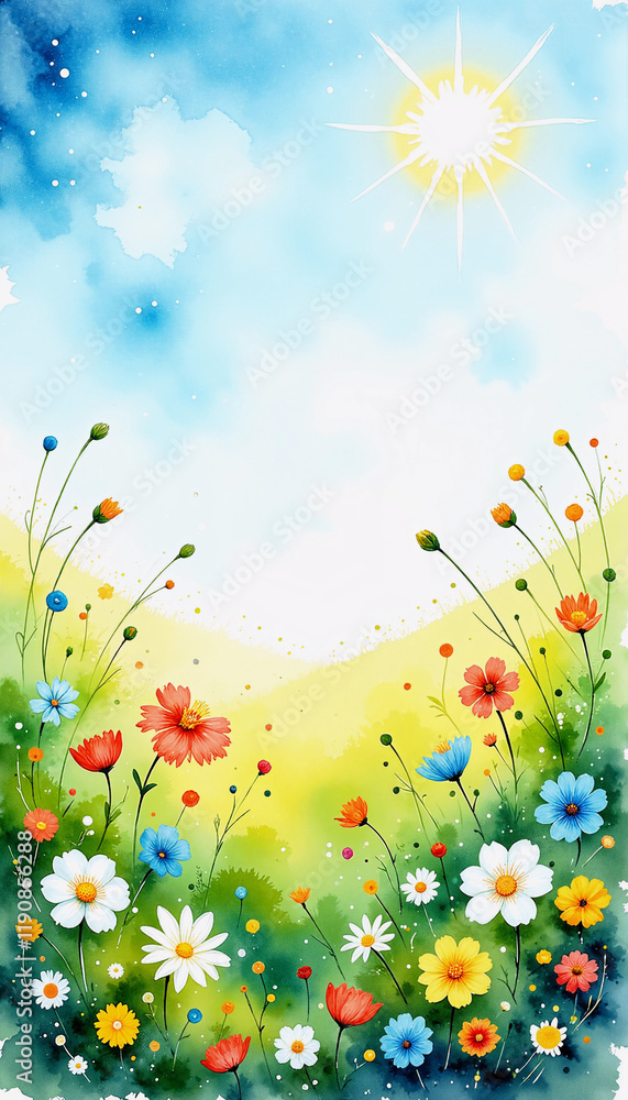 Obraz premium Watercolor wildflowers under a bright sun with blue sky and green meadow
