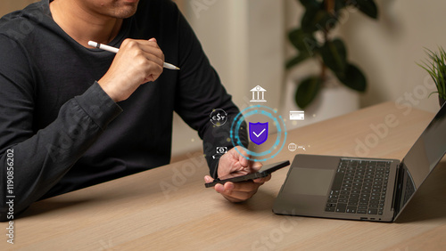 Buy now pay later online shopping concept. Hands holding mobile phone on blurred store as background. Online shopping. Paying after delivery. Complete the payment after purchase at no added cost.