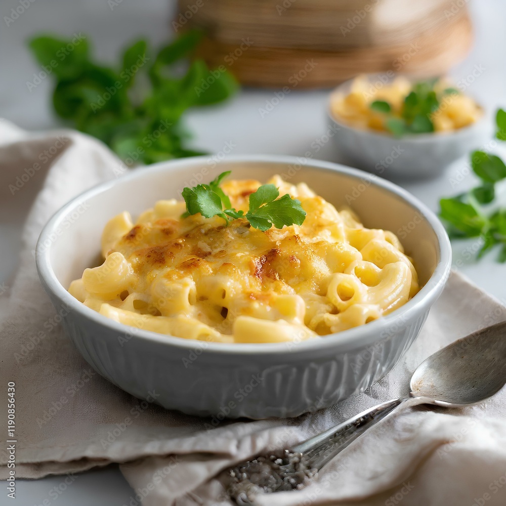 Creamy bowl of mac and cheese with golden crust Creamy bowl of mac and cheese with golden crust