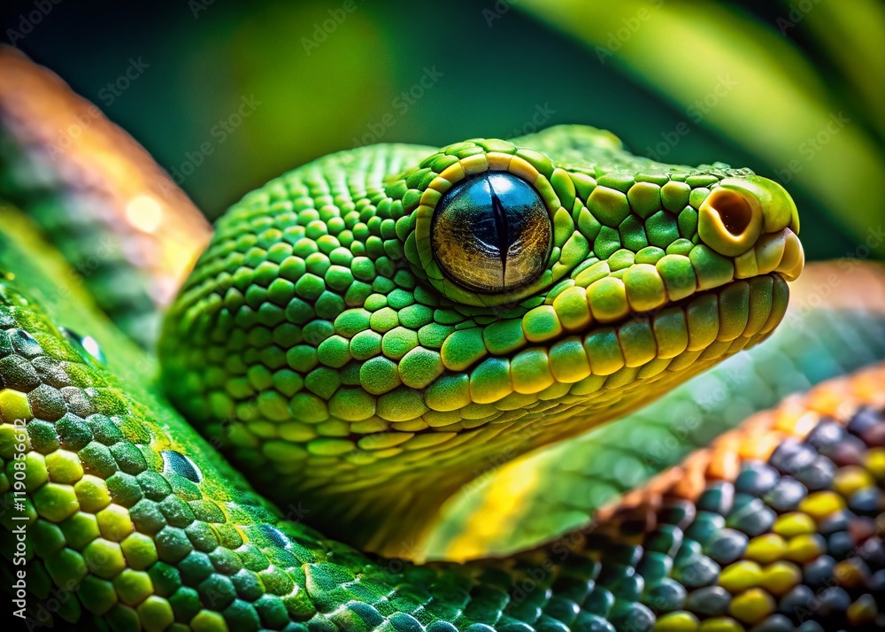 Fototapeta premium Vintage Photo: Cheerful Green Snake Close-Up, Detailed Reptile Portrait, Scaly Skin Texture