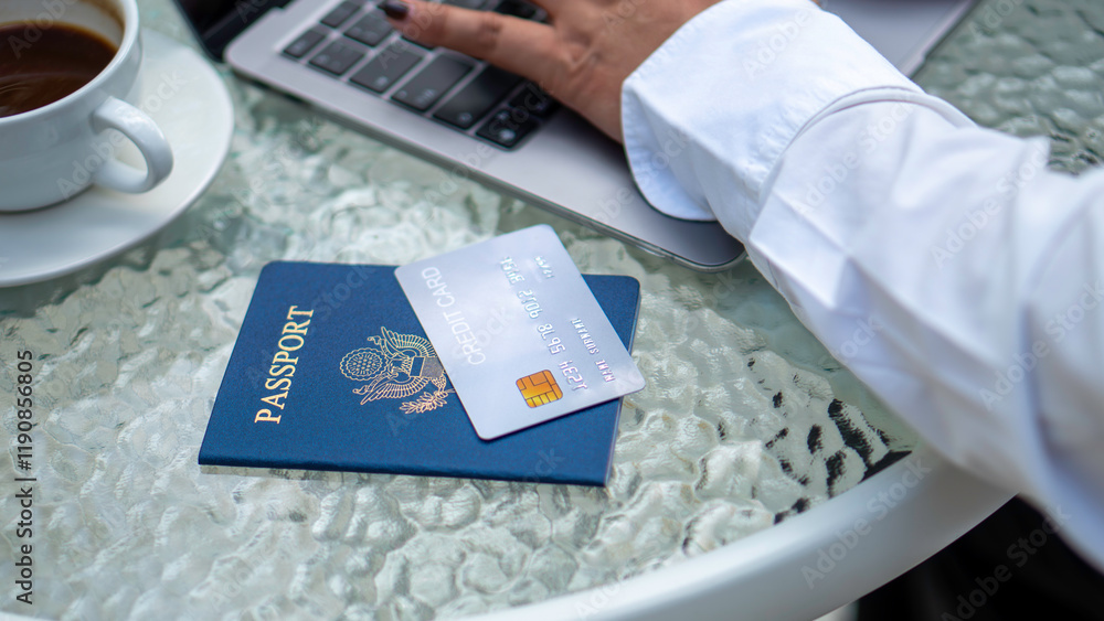 Female hand holding passport and credit card, booking tickets for vacation travel planning, hotel booking, accommodation, finance, shopping lifestyle for convenience.