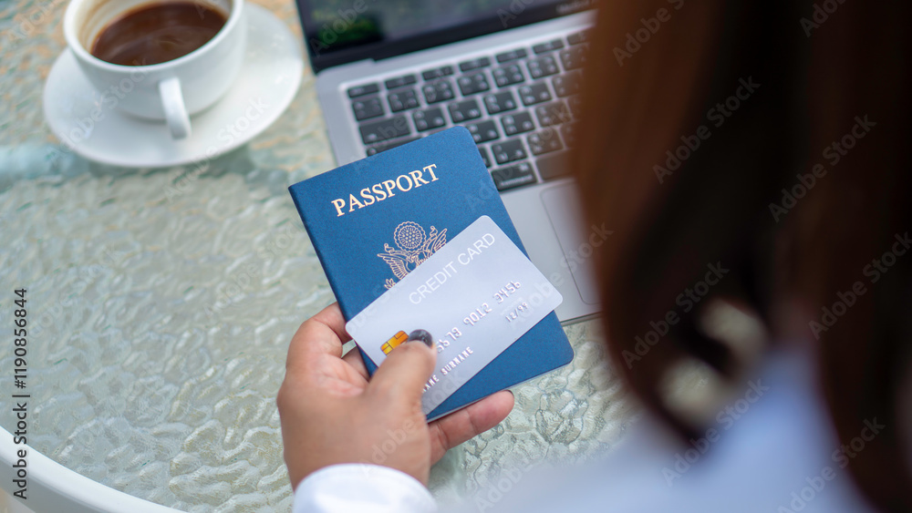 Female hand holding passport and credit card, booking tickets for vacation travel planning, hotel booking, accommodation, finance, shopping lifestyle for convenience.