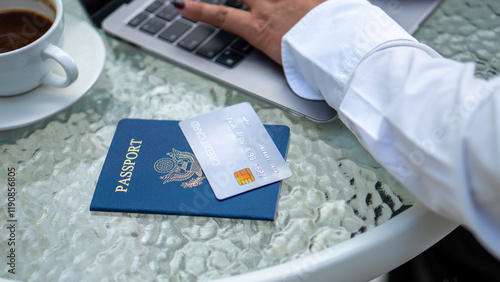 Obraz na płótnie Female hand holding passport and credit card, booking tickets for vacation travel planning, hotel booking, accommodation, finance, shopping lifestyle for convenience. w salonie