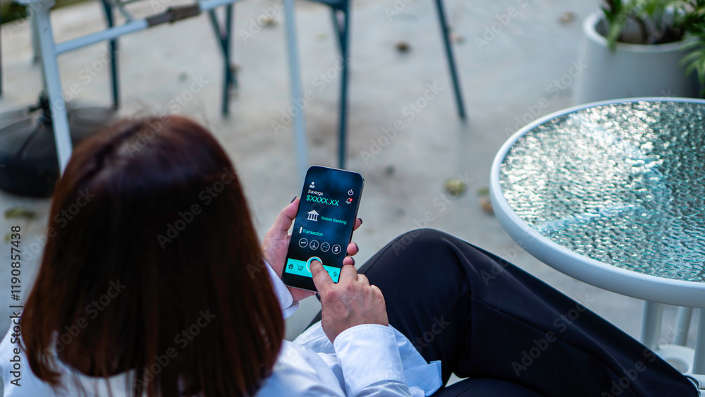 online shopping and payment via mobile banking apps. a woman accessing a mobile banking app on her smartphone, Internet bank, money transaction, fintech, Digital banking network, internet payment