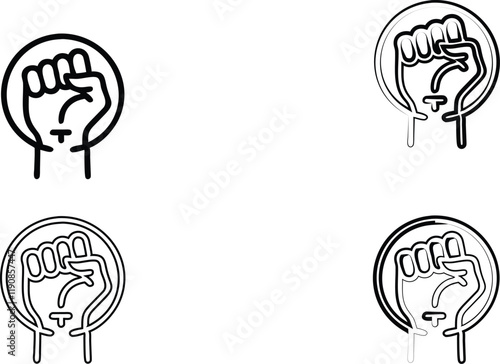 Black and white illustration, raised fists, protest symbols, solidarity icons, simple line drawings, empowerment imagery, social justice motifs, hand gestures, unity symbols, minimalist design, vector