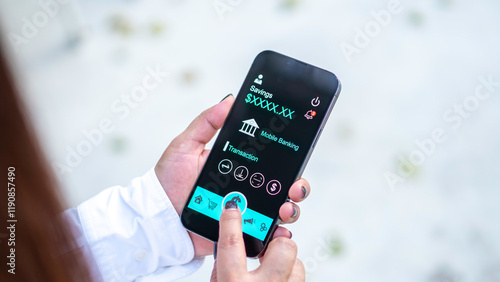 Obraz na płótnie online shopping and payment via mobile banking apps. a woman accessing a mobile banking app on her smartphone, Internet bank, money transaction, fintech, Digital banking network, internet payment w salonie